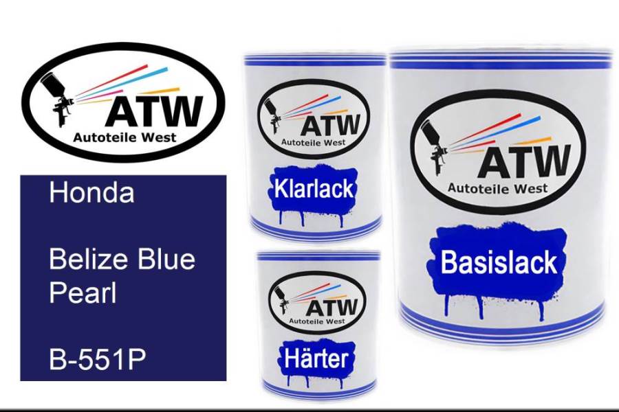 Honda, Belize Blue Pearl, B-551P: 1L Lackdose + 1L Klarlack + 500ml Härter - Set, von ATW Autoteile West.